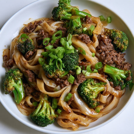 Beef & Broccoli Ginger Sesame rice noodle bowl