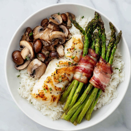 White fish W/ wrapped asparagus and savory mushrooms