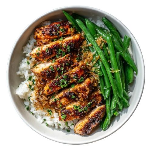 GARLIC CHICKEN JASMIN RICE BOWL W/ GREEN BEANS