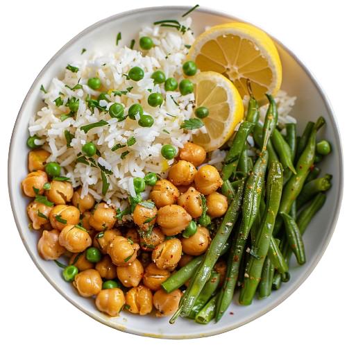 ROASTED GARLIC CHICKPEAS WITH RICE AND GREEN BEANS