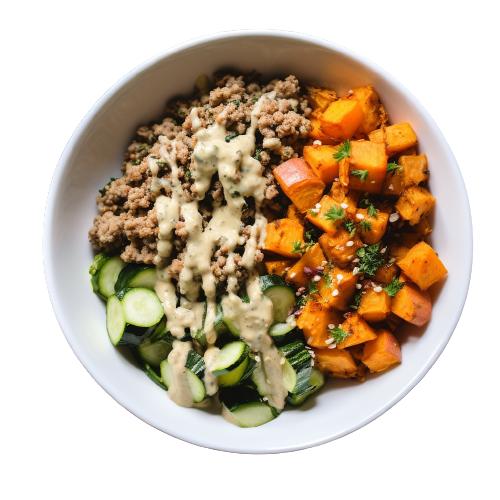 3 PACK GROUND TURKEY HARVEST BOWL W/ ZUCCHINI HEMP SAUCE & SWEET POTATOES